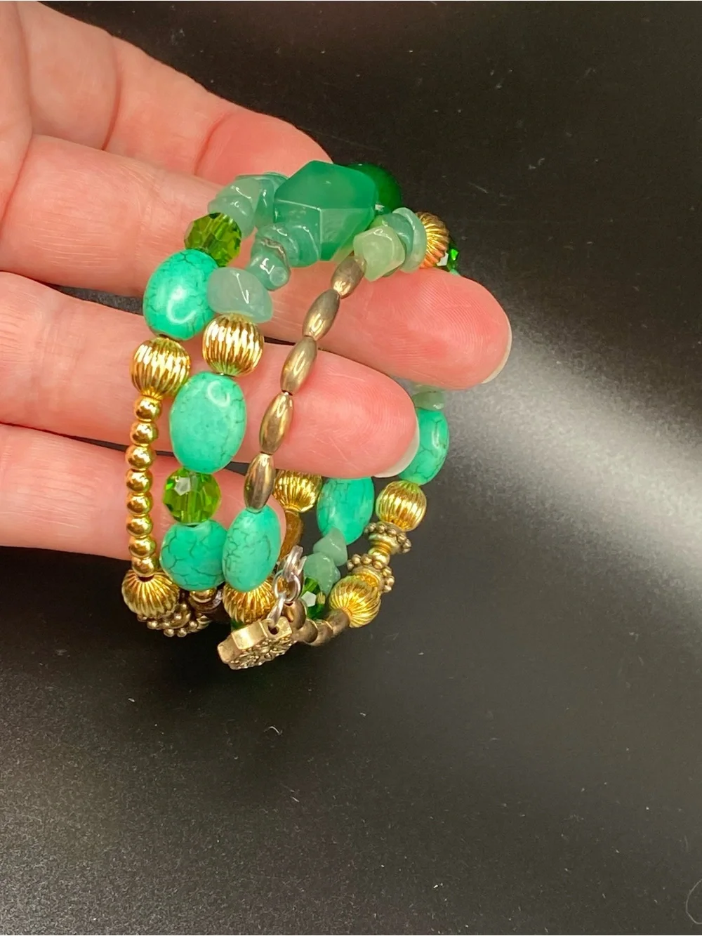 Boho multi strand Green Gold tone & wood Beaded Stretch Bracelet